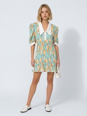 Plated Georgette printed polo Mini Dress Green Orange Roses